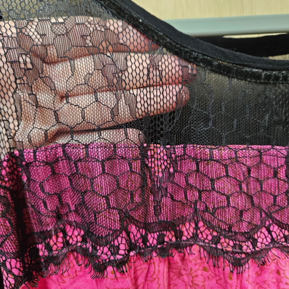 Bila Bohemian Short Sleeve‎ Sheer & Lace Detail Multicolor Floral Blouse Size XL - Picture 4 of 9